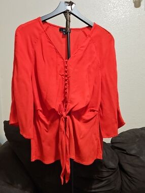 ellos Bright Reddish Orange Tie-Front Blouse